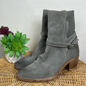 All Saints Grey Suede Split Shaft Block Heel Ankle Booties Boots 38 Leather